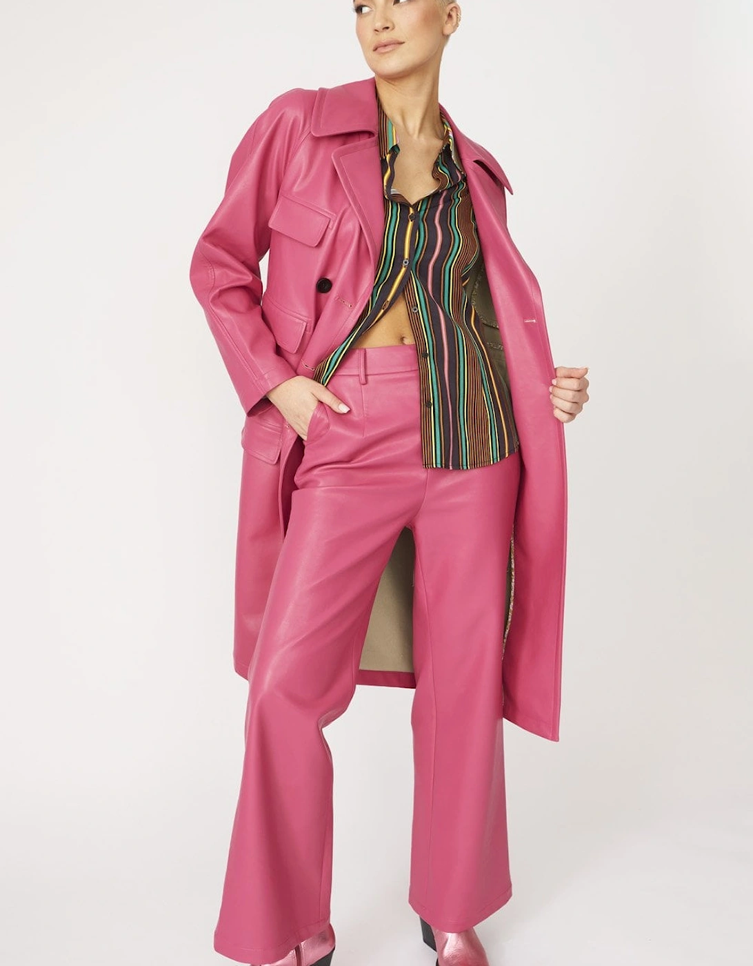 Pink Tencel Blend Eco Leather Trench Coat