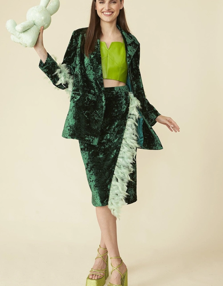 Emerald Green Velvet Blazer with Feather