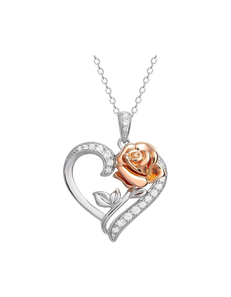 Beauty and The Beast Sterling Silver Crystal Heart and Rose Gold Rose Necklace