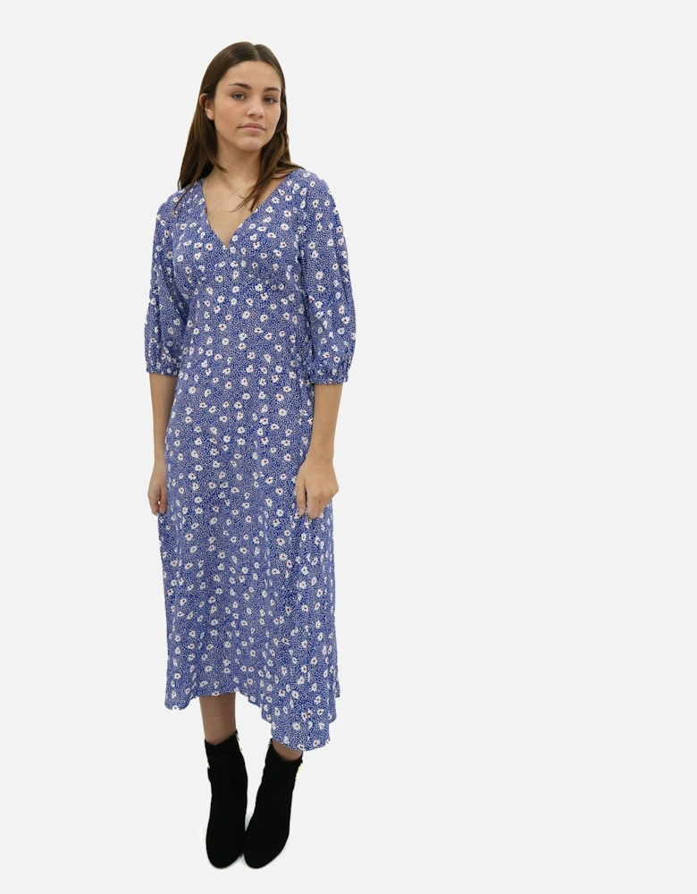 Vee Daisy Print Blue Midi Dress