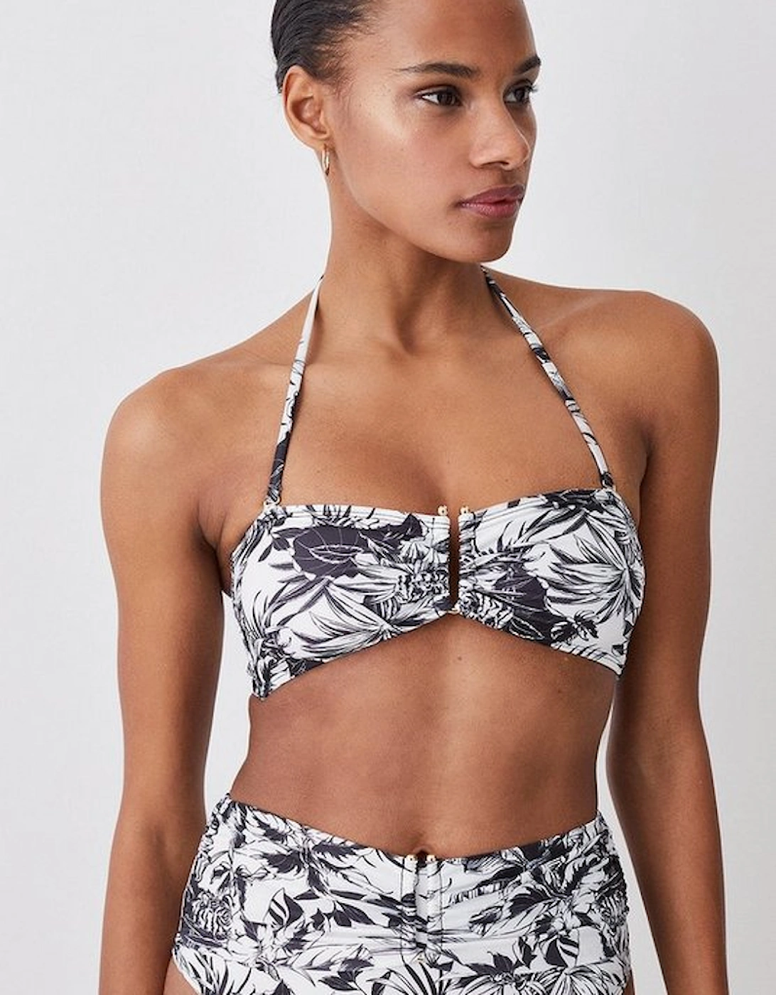 Mono Print Ruffle Bikini Top With Detachable Straps