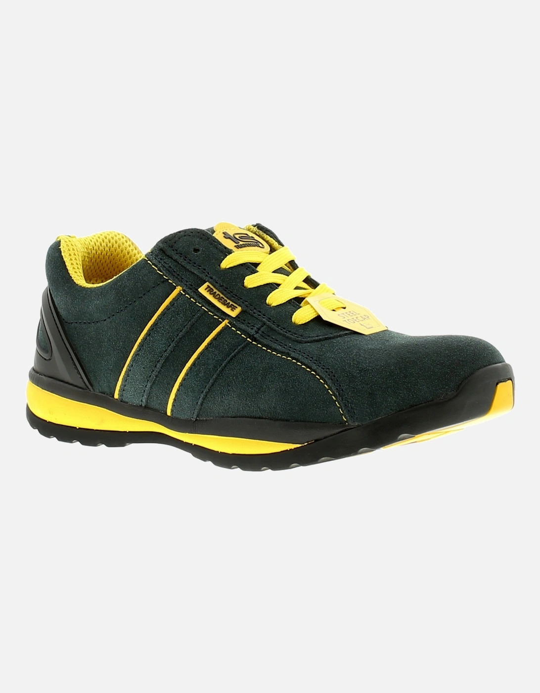 Mens Safety Shoes Trainers Barge Leather Lace Up navy yellow UK Size, 6 of 5