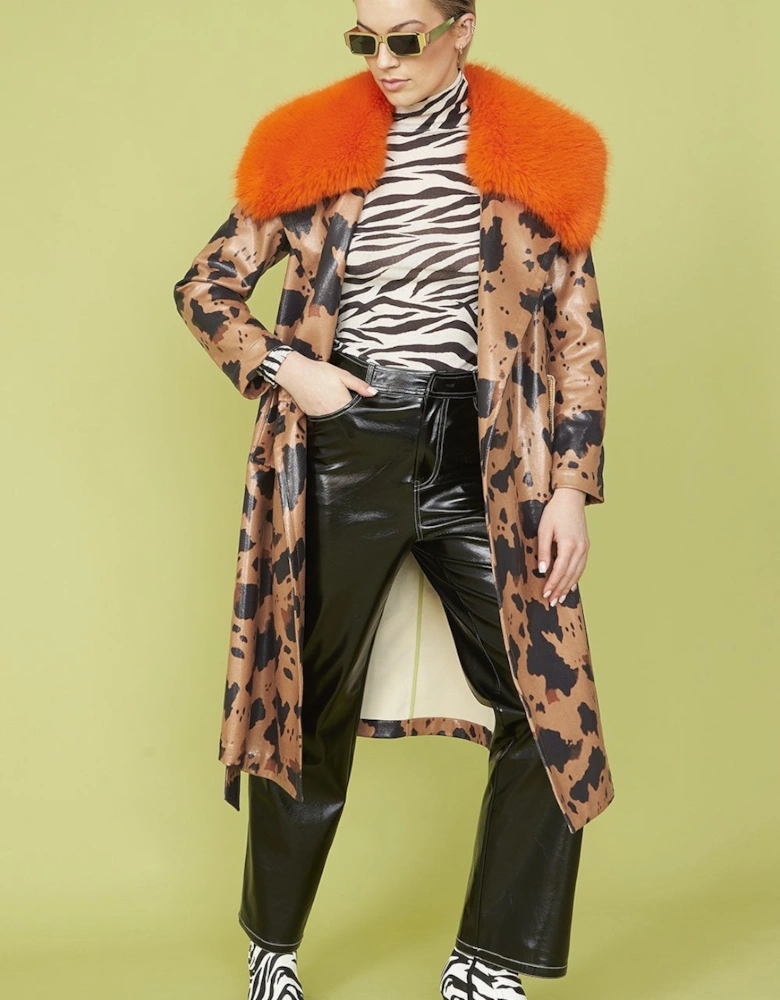 Cow Print Eco Leather Trench Coat with Orange Faux Fur Collar