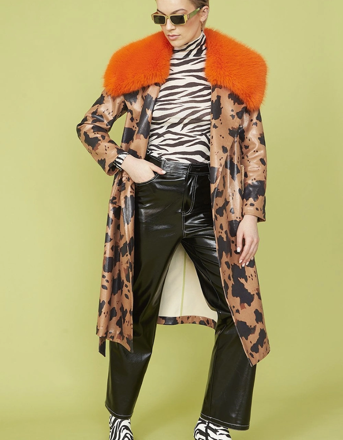 Cow Print Eco Leather Trench Coat with Orange Faux Fur Collar, 5 of 4