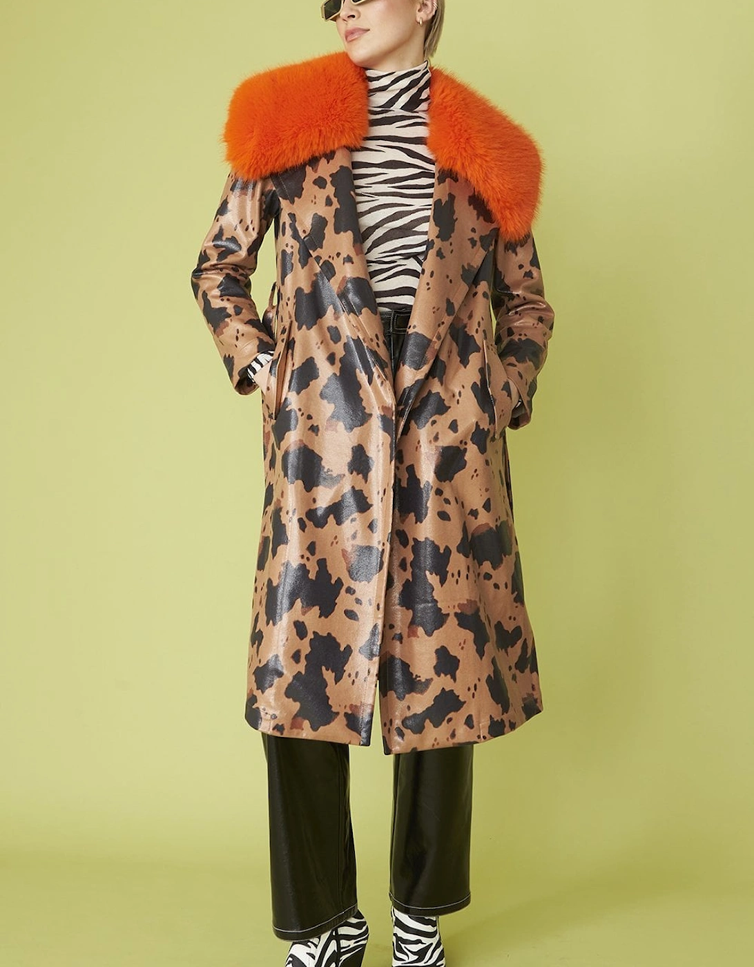 Cow Print Eco Leather Trench Coat with Orange Faux Fur Collar