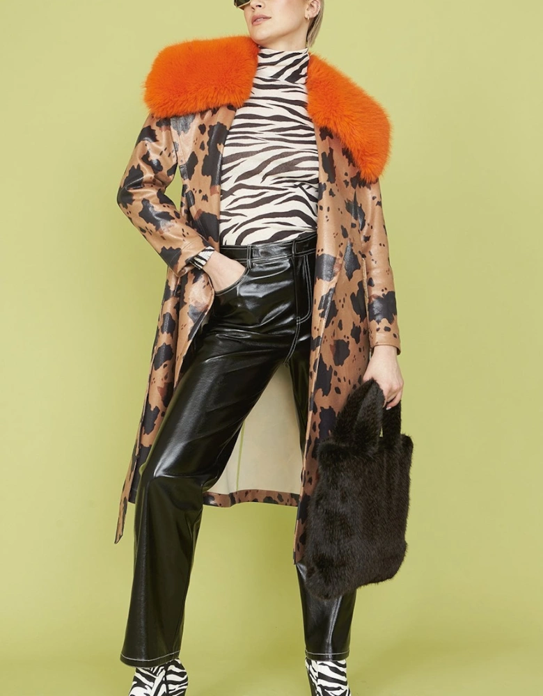 Cow Print Eco Leather Trench Coat with Orange Faux Fur Collar