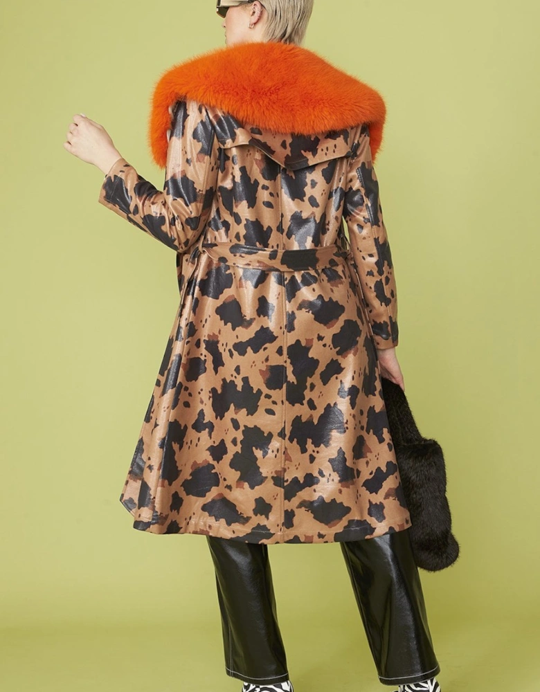 Cow Print Eco Leather Trench Coat with Orange Faux Fur Collar