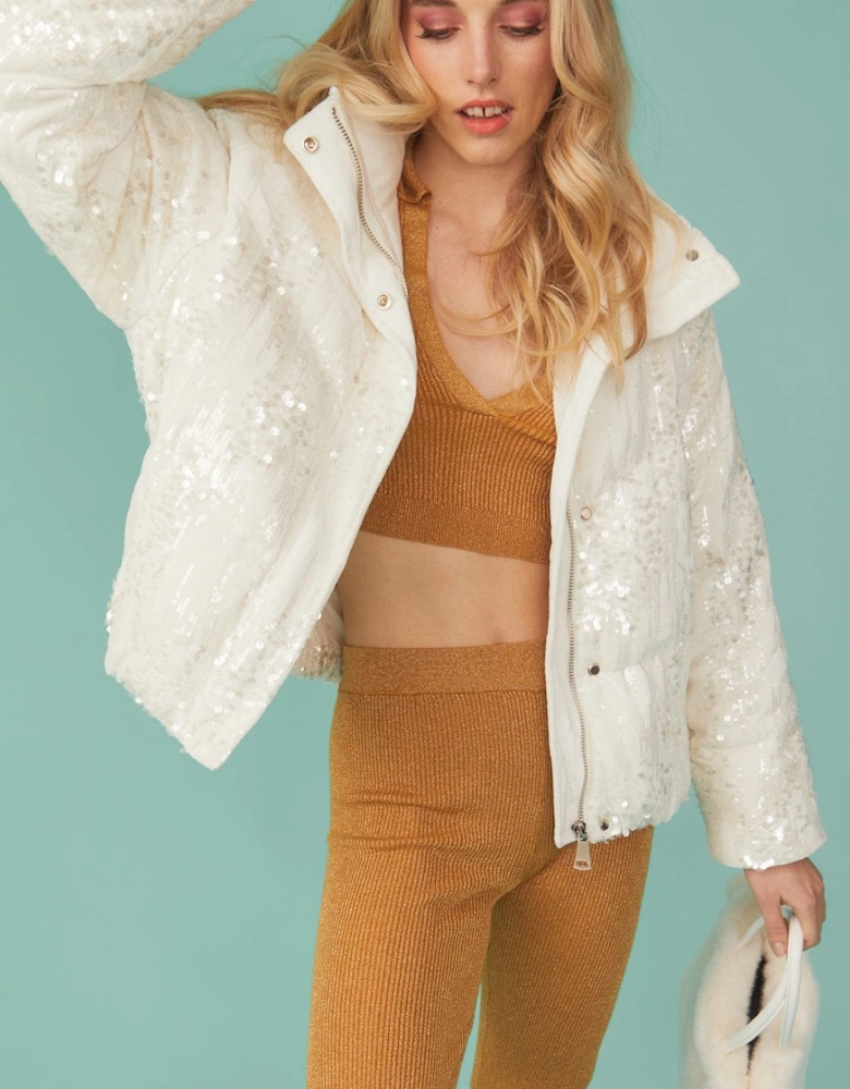 White Sequin Puffer Jacket