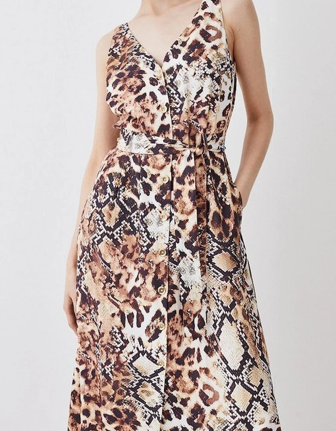Animal Print Belted Premium Linen Woven Midi Dress