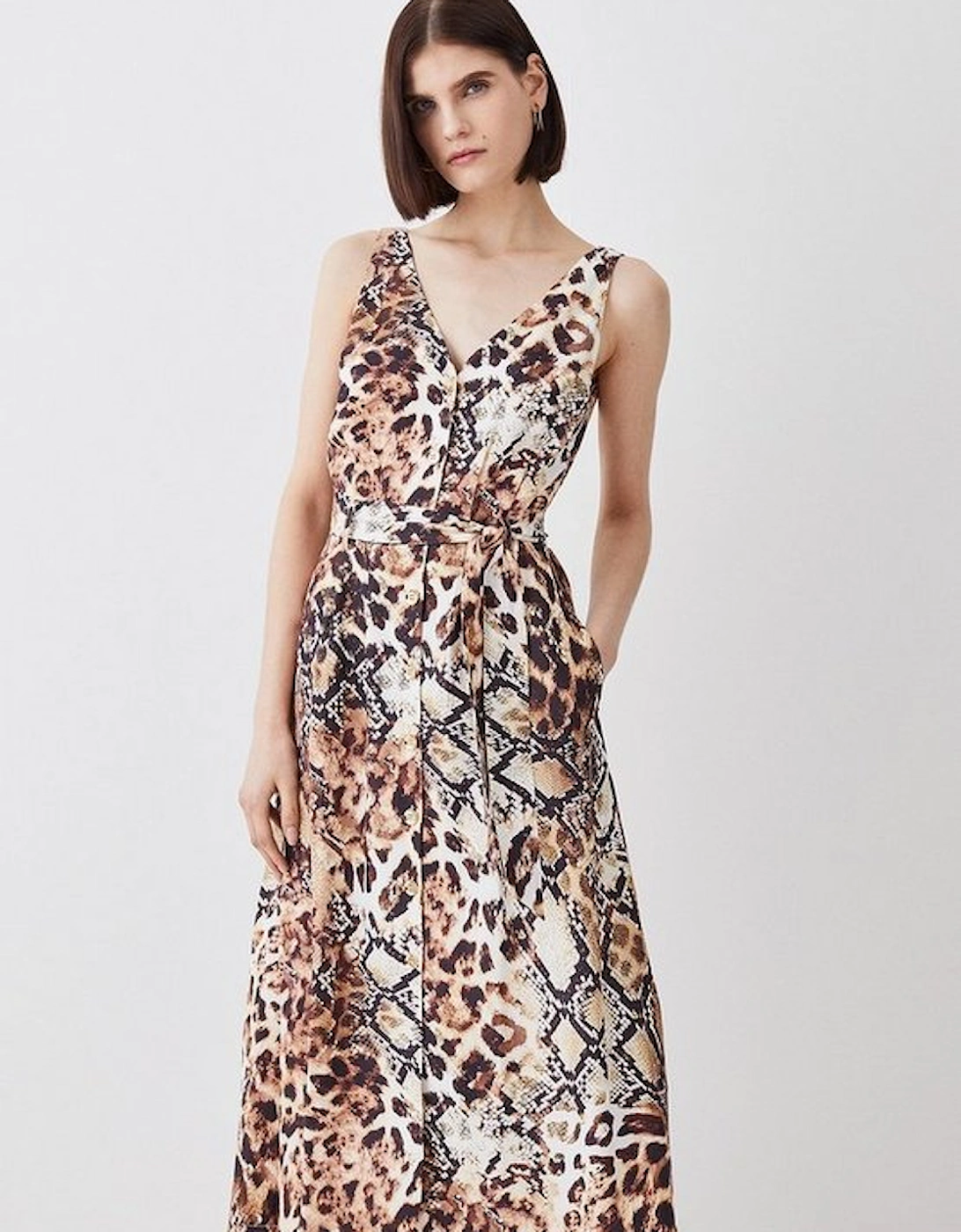 Animal Print Belted Premium Linen Woven Midi Dress, 5 of 4