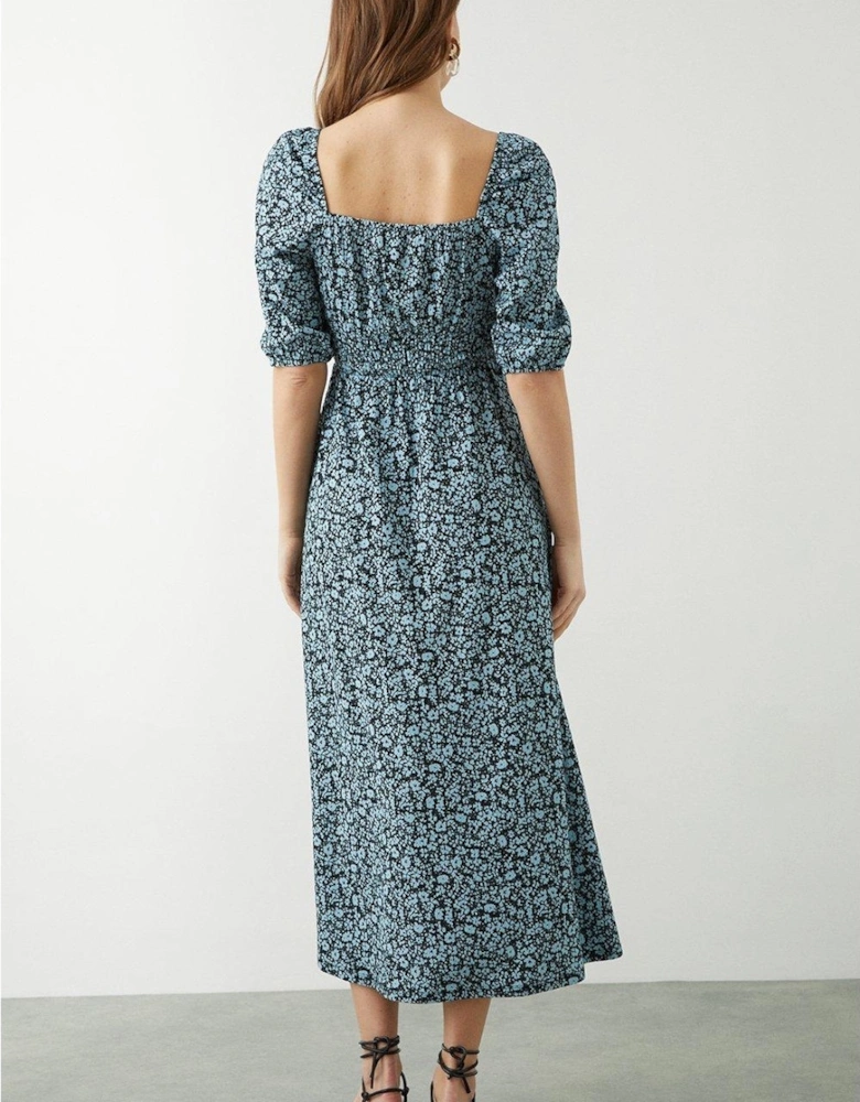 Womens/Ladies Ditsy Print Shirred Waist Puffed Midi Dress