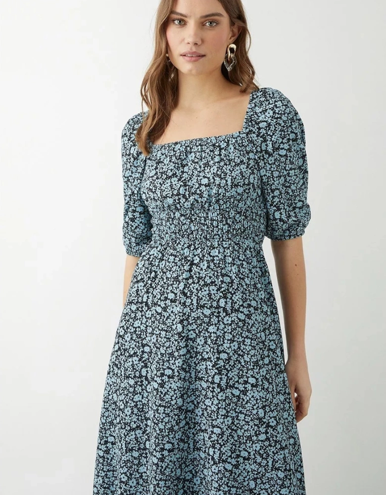 Womens/Ladies Ditsy Print Shirred Waist Puffed Midi Dress