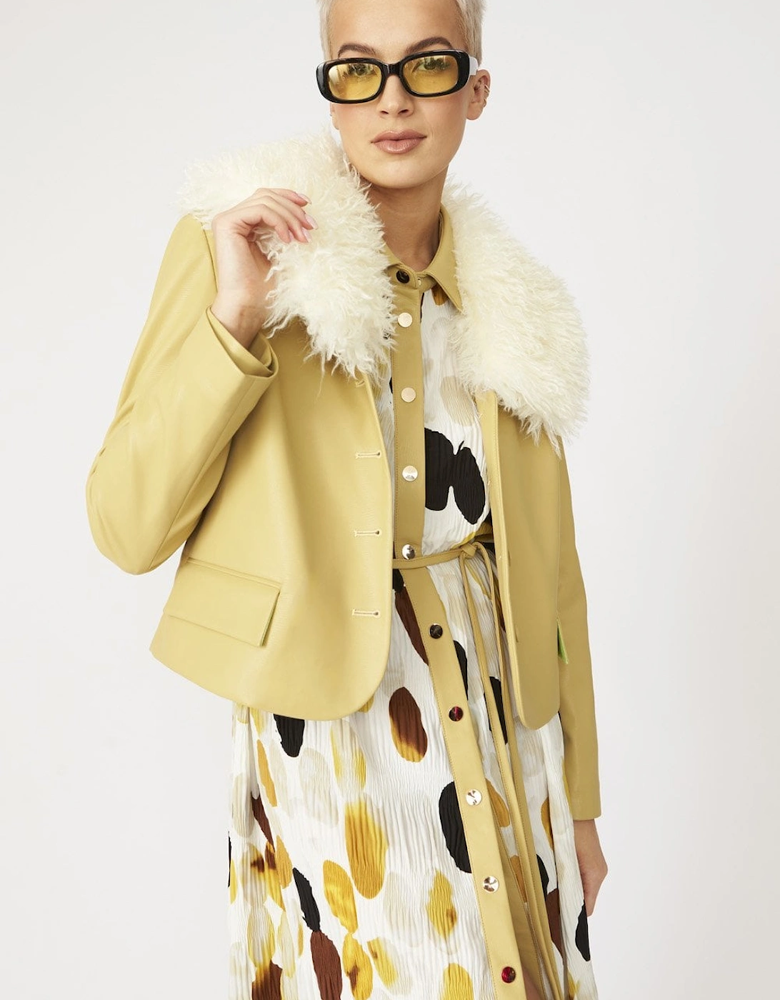 Yellow Faux Leather Jacket With Faux Shearling Collar, 6 of 5