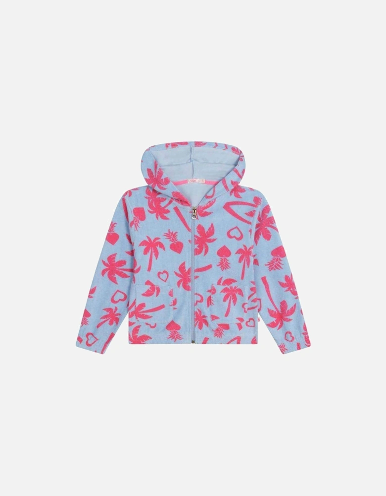 Girls Blue & Pink Palm Tree Towelling Hooded Jacket