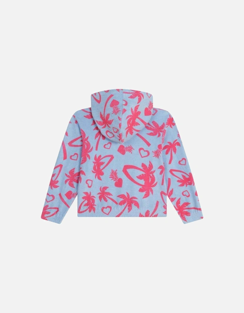 Girls Blue & Pink Palm Tree Towelling Hooded Jacket