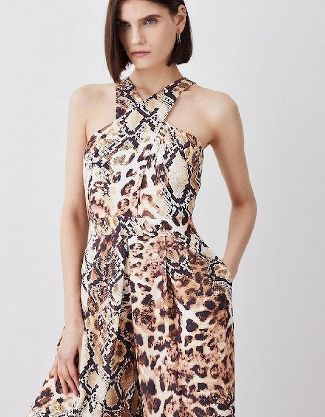 Animal Print Premium Linen Viscose Halter Woven Jumpsuit