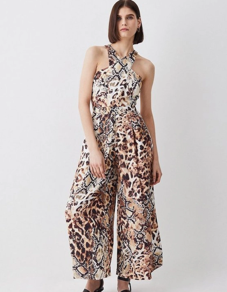 Animal Print Premium Linen Viscose Halter Woven Jumpsuit