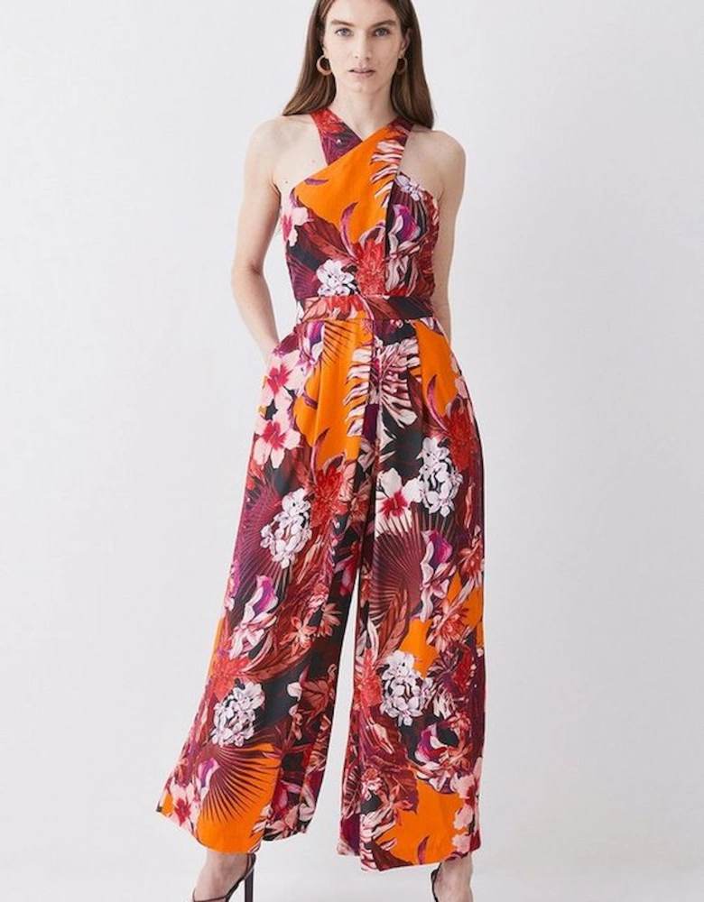 Tall Tropical Floral Premium Linen Viscose Halter Woven Jumpsuit