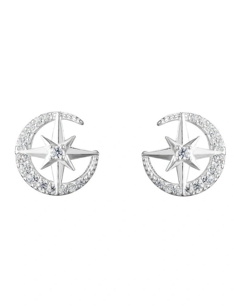 Sterling Silver & Cubic Zirconia Moon & Star Stud Earrings
