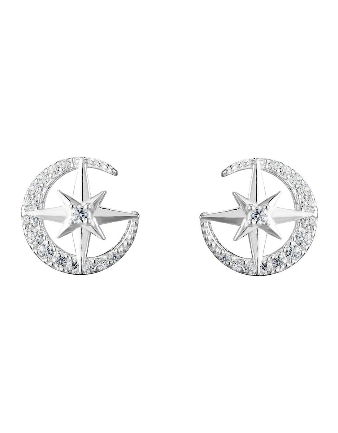 Sterling Silver & Cubic Zirconia Moon & Star Stud Earrings, 2 of 1