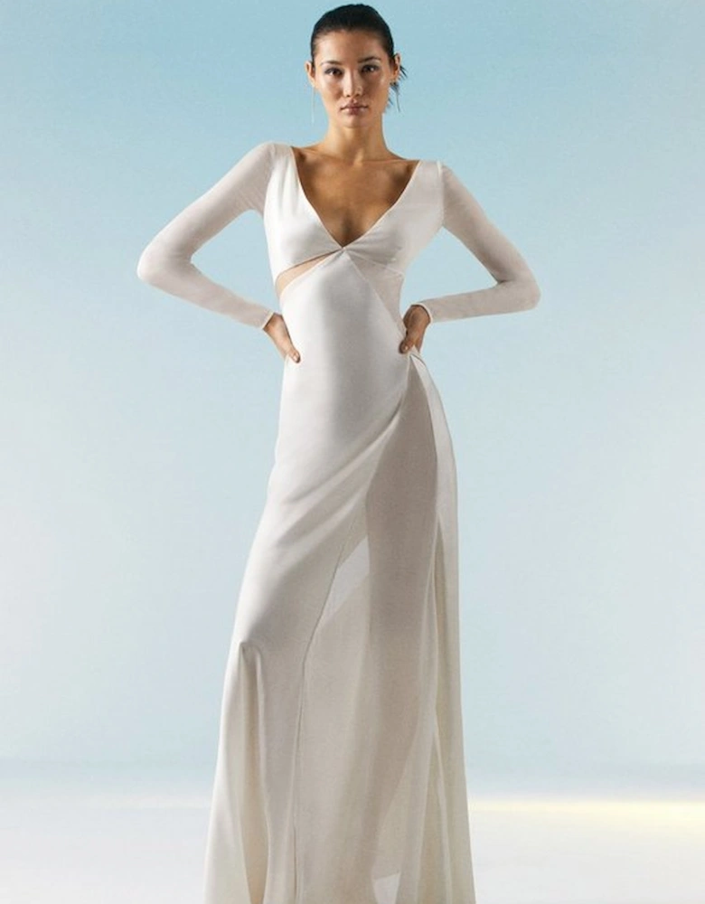 OOTO Sheer Panneled Long Sleeve Woven Maxi Dress