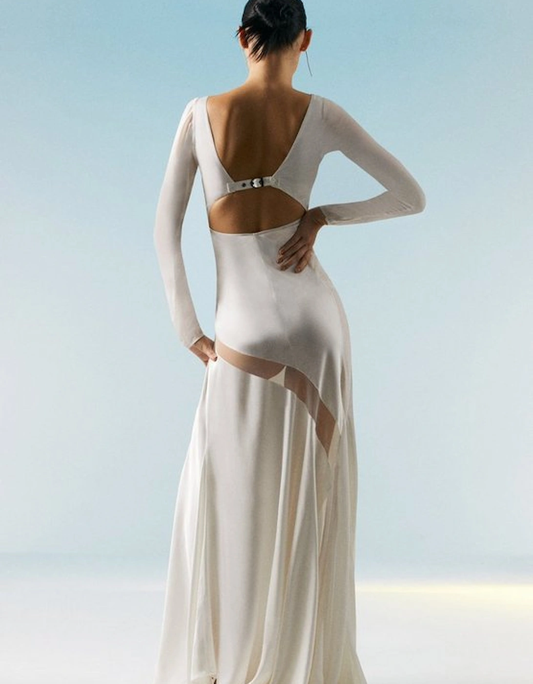 OOTO Sheer Panneled Long Sleeve Woven Maxi Dress