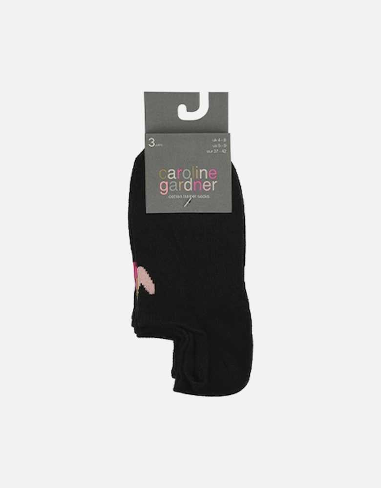 Plain Trainer Liner Black Socks 3 Pack Light Pink/Green/Pink Heart