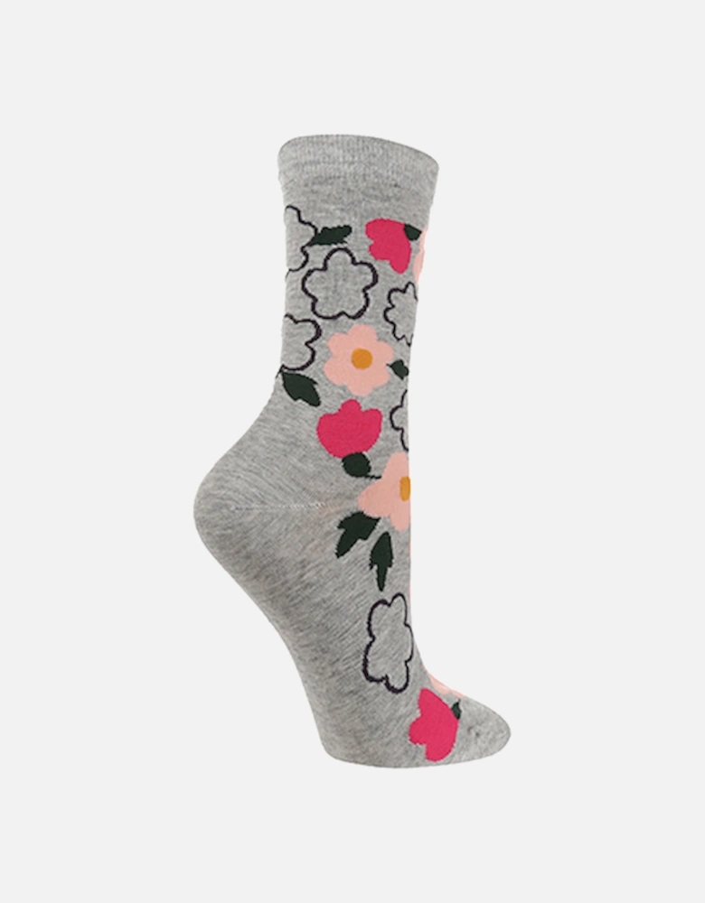 Jacquard Socks 1 Pack Grey With Flower Print