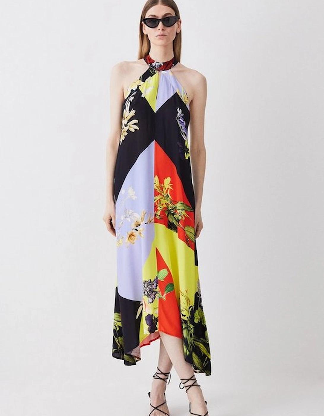 Colour Block Floral Halter Neck Woven Midi Dress, 5 of 4