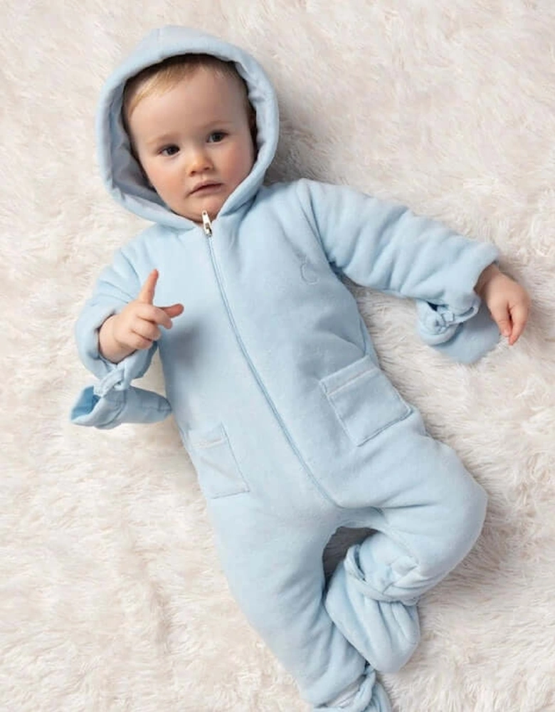 Baby Boys Blue Velour Snowsuit With Booties And Mittens