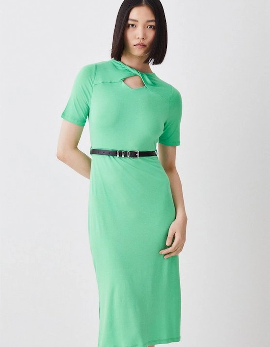 Cut Out Belted Viscose Blend Jersey Midi Dress, 5 of 4