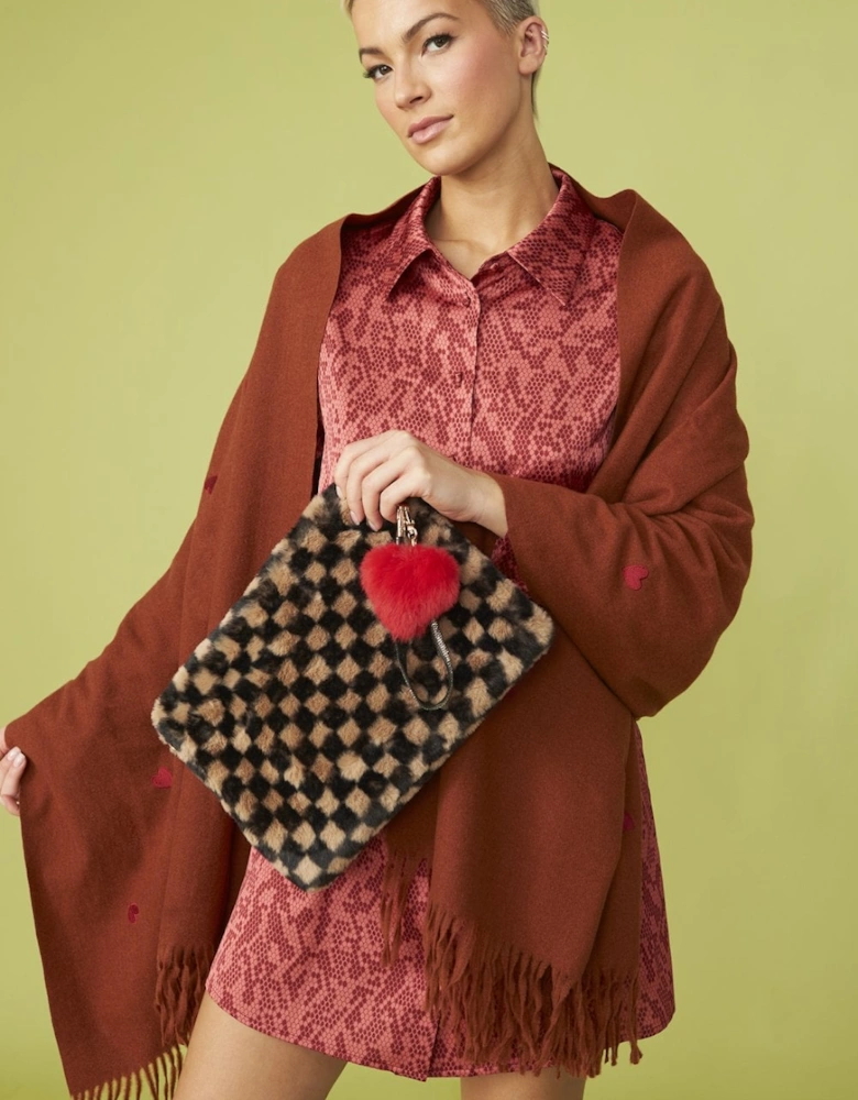 Brown Luxury Checkered Faux Fur Bag