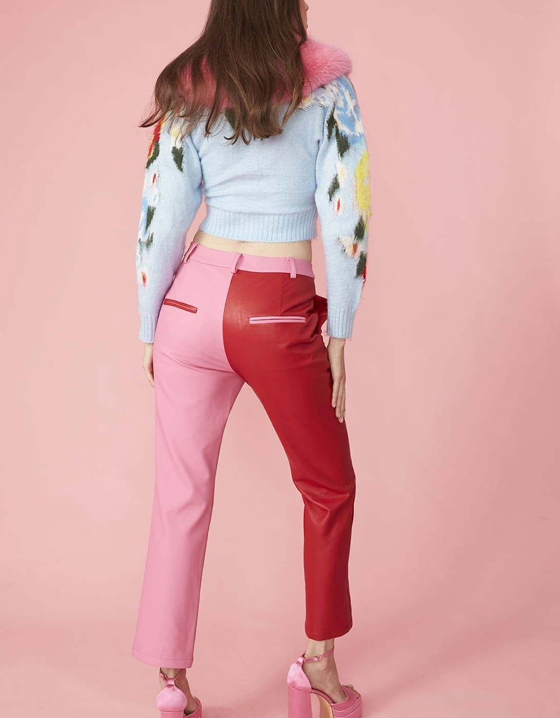 Patchwork Pink and Red Eco Leather Fitted Trousers