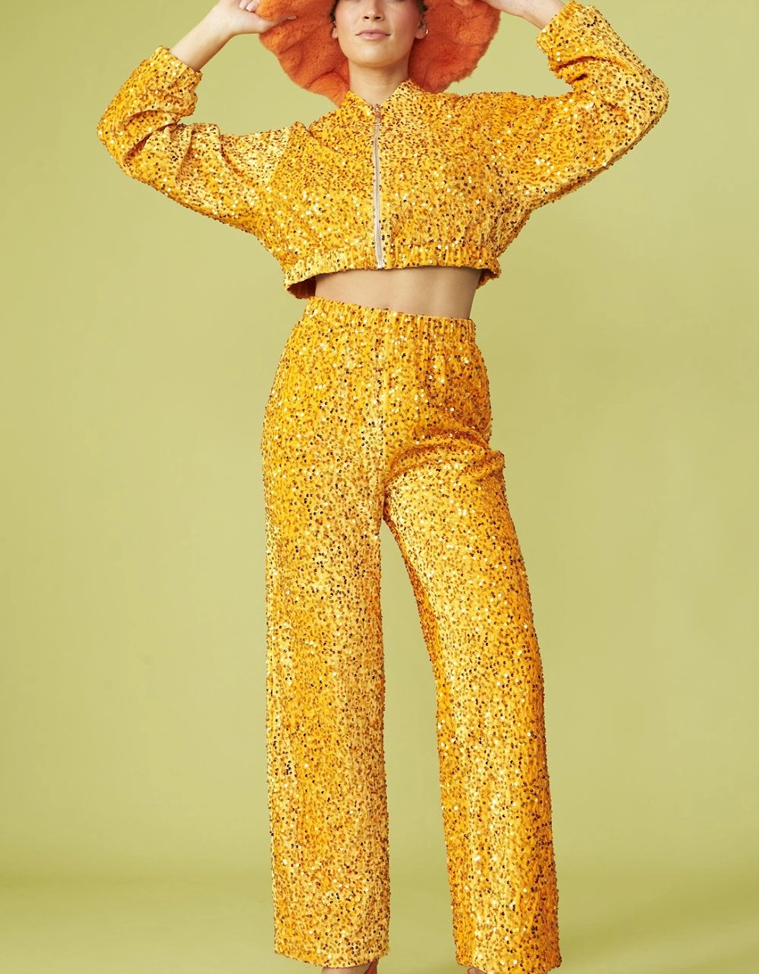 Orange Sequin Trousers with Elasticated Waste