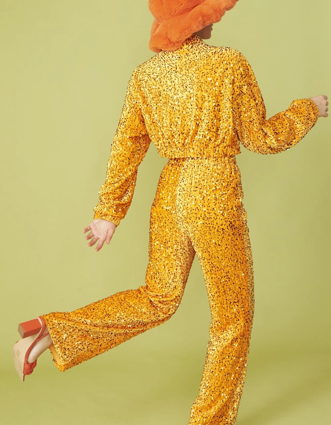 Orange Sequin Trousers with Elasticated Waste