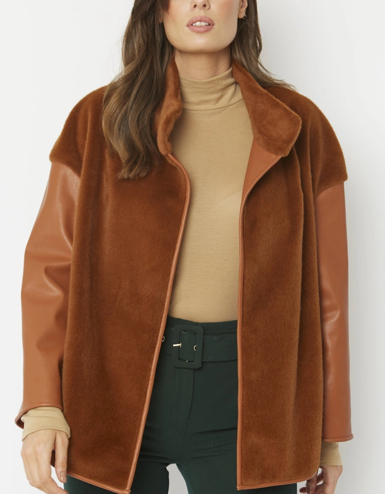 Chocolate Faux Fur Jacket with Leather Effect Sleeve