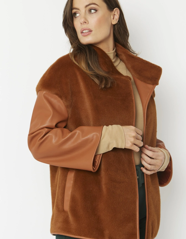 Chocolate Faux Fur Jacket with Leather Effect Sleeve