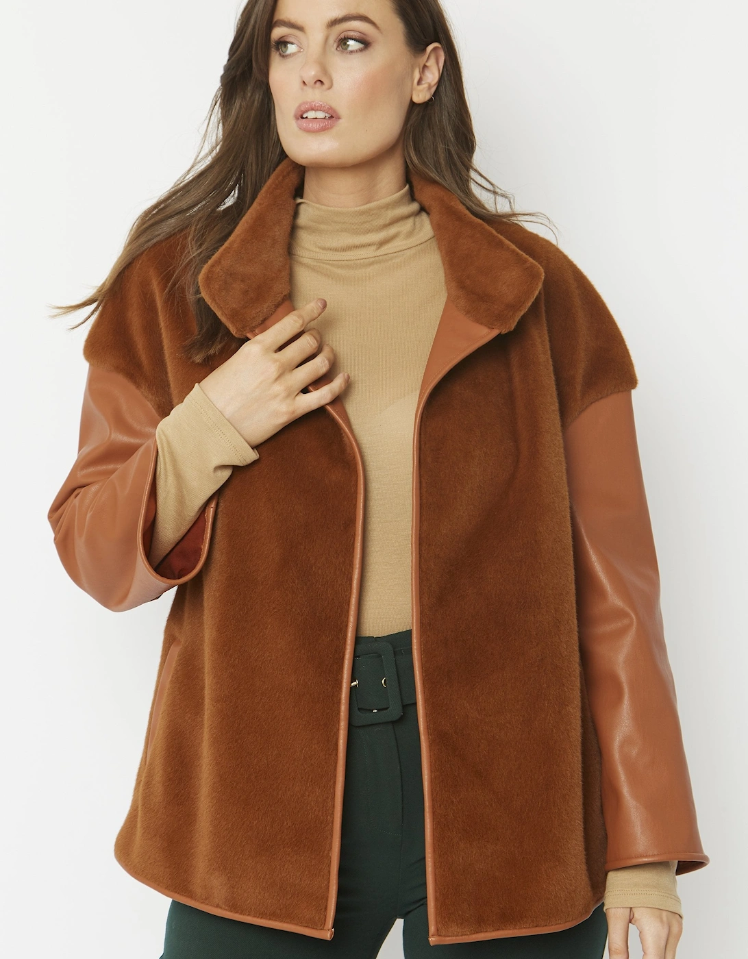 Chocolate Faux Fur Jacket with Leather Effect Sleeve