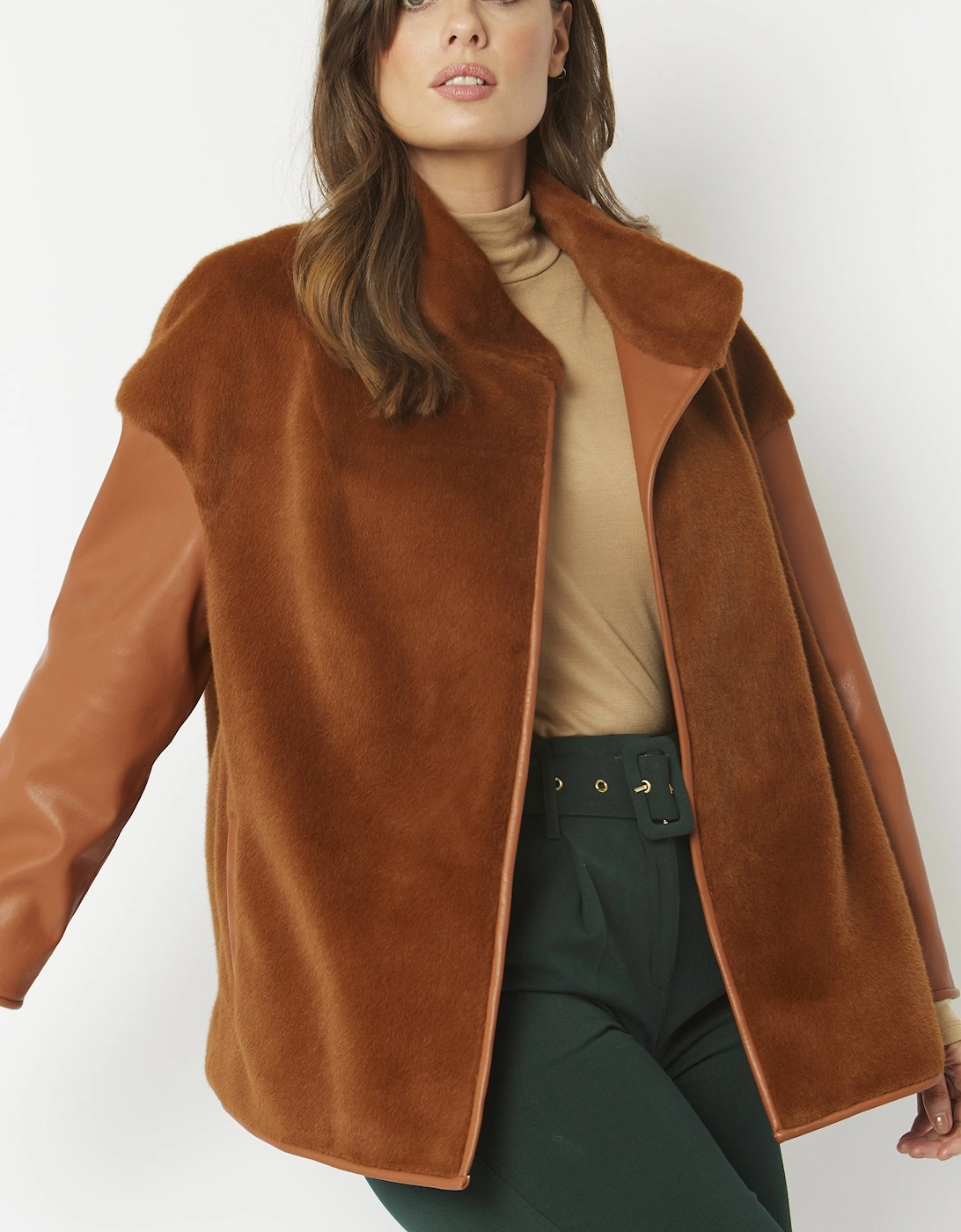 Chocolate Faux Fur Jacket with Leather Effect Sleeve