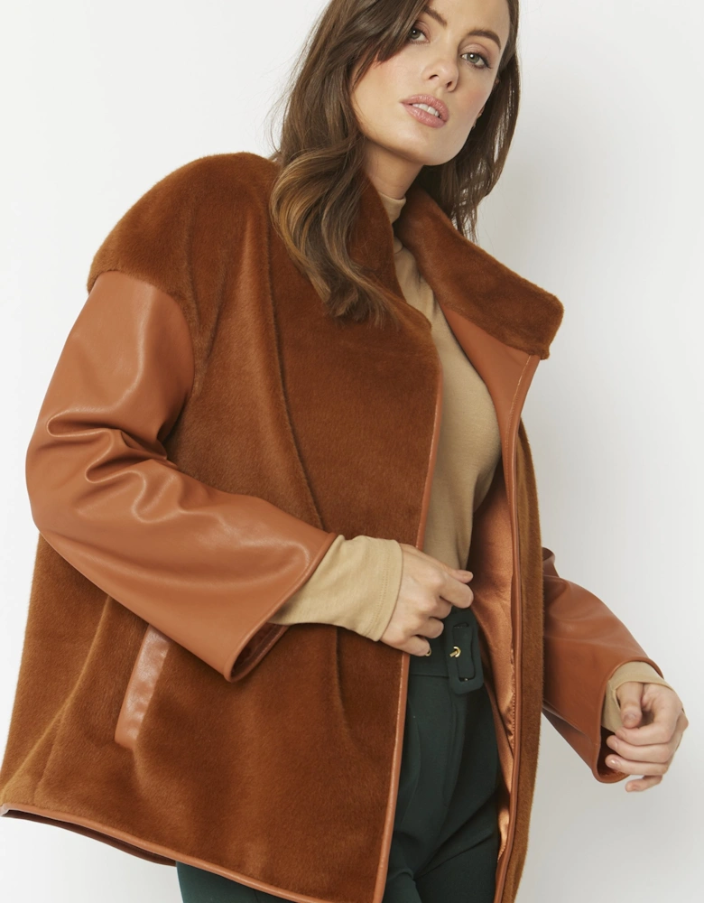 Chocolate Faux Fur Jacket with Leather Effect Sleeve