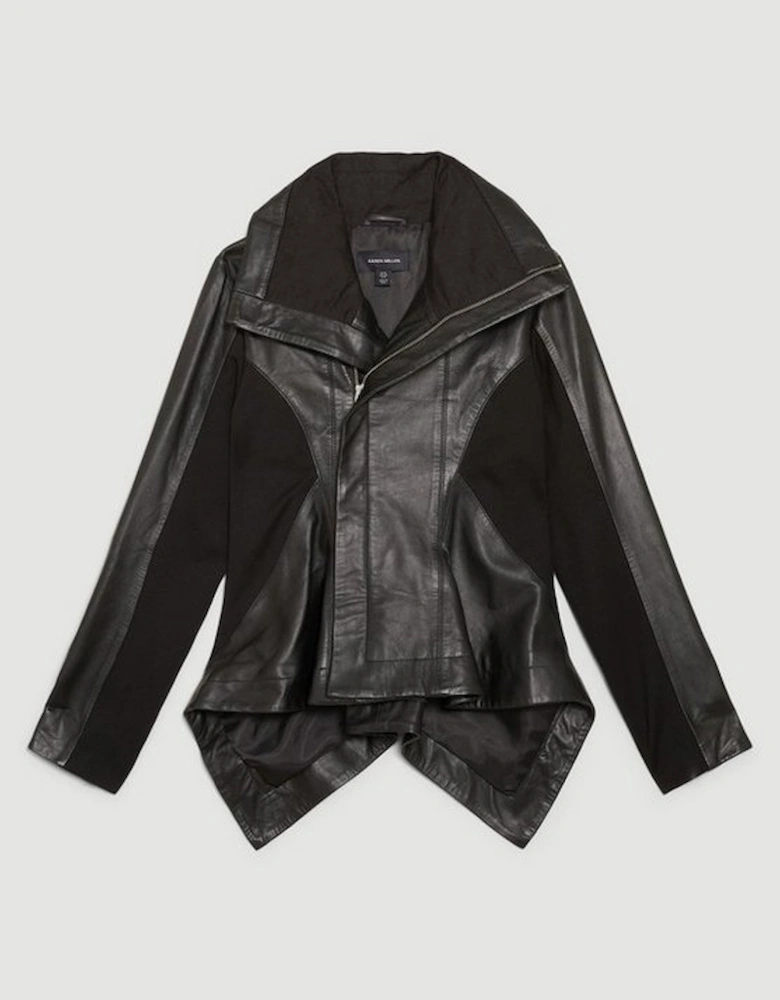 Leather Drape And Ponte Waterfall Hem Jacket