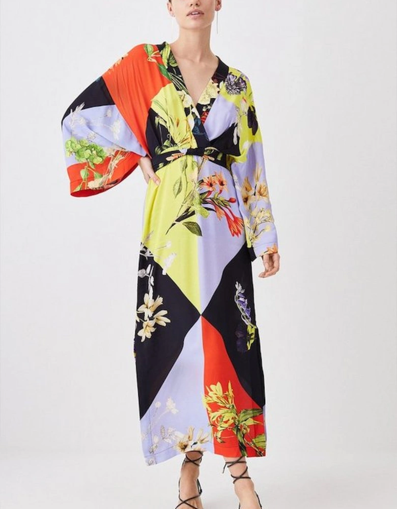 Petite Colour Block Floral Kimono Woven Midi Dress