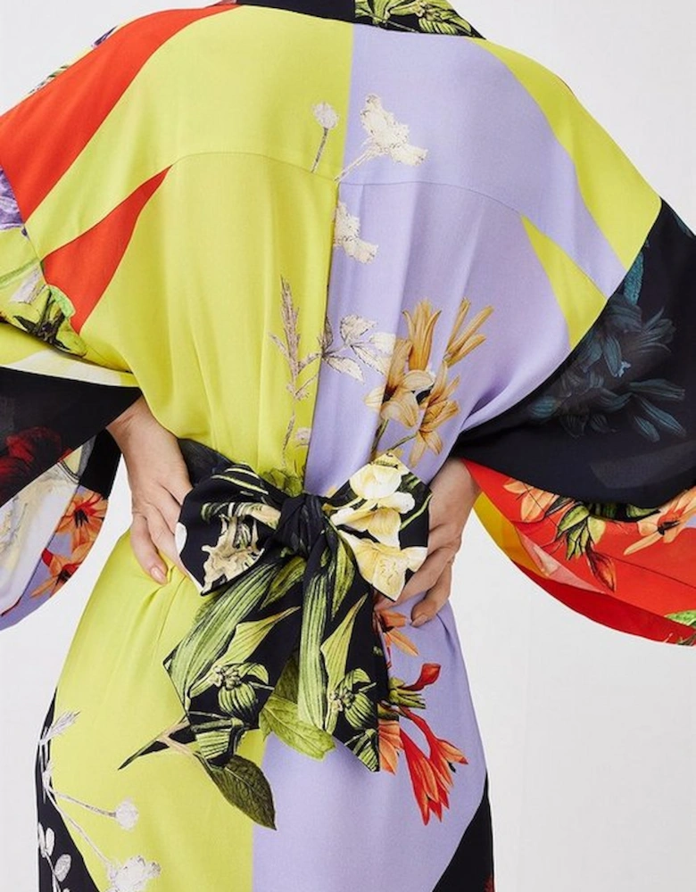 Petite Colour Block Floral Kimono Woven Midi Dress