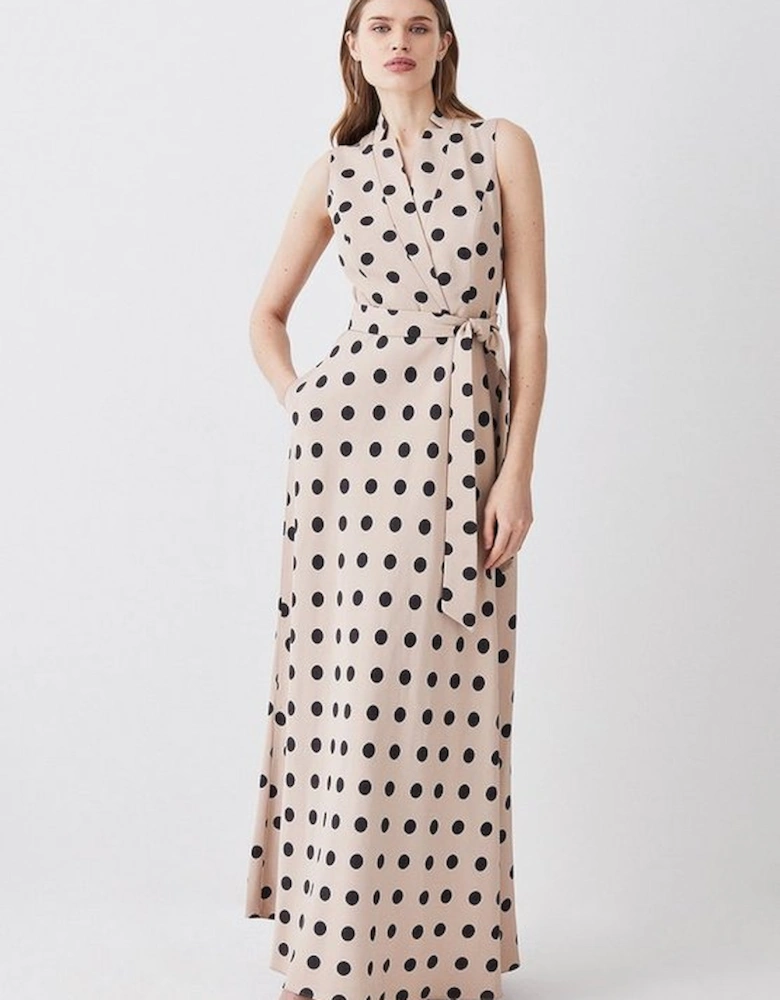 Tall Polka Dot Linen Wrap Tie Waisted Midi Dress