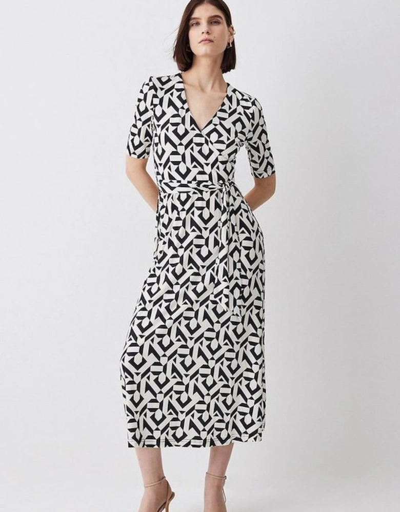 Tall Half Sleeve Geometric Printed Jersey Wrap Midi Dress