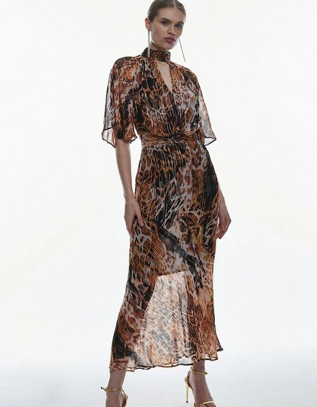 Metallic Viscose Georgette Angel Sleeve Woven Midi Dress, 5 of 4
