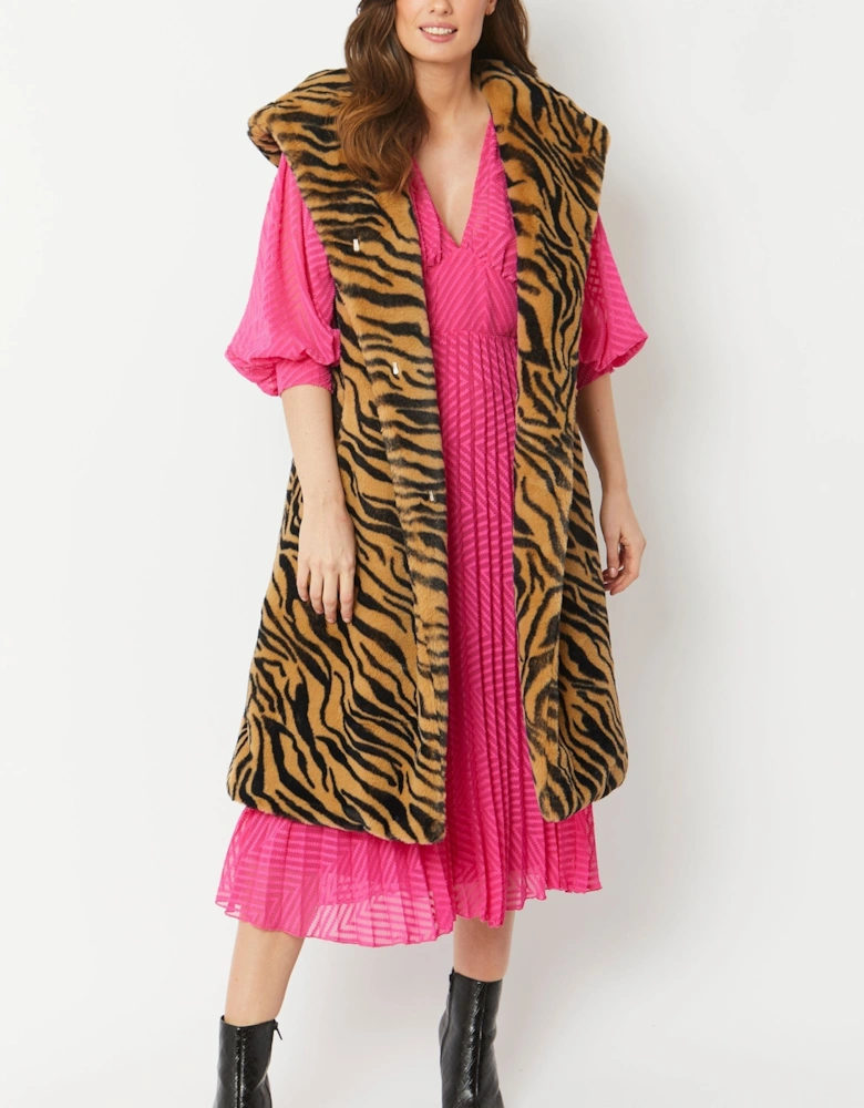 Tiger Print Faux Fur Hooded Tiger Print Maxi Gilet