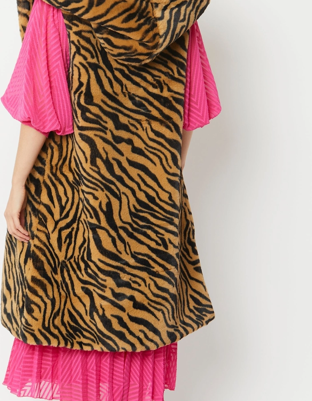 Tiger Print Faux Fur Hooded Tiger Print Maxi Gilet