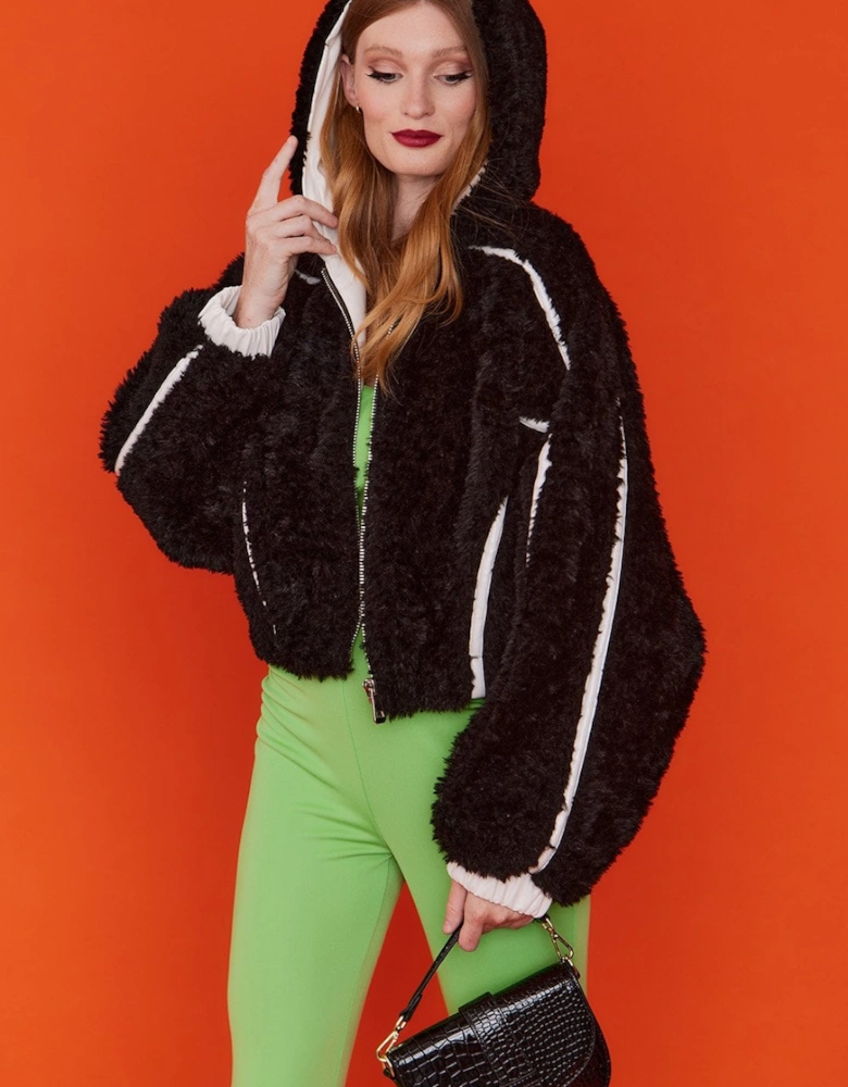 Black and White Faux Fur and Eco Leather Reversible Hooded Bomber Jacket