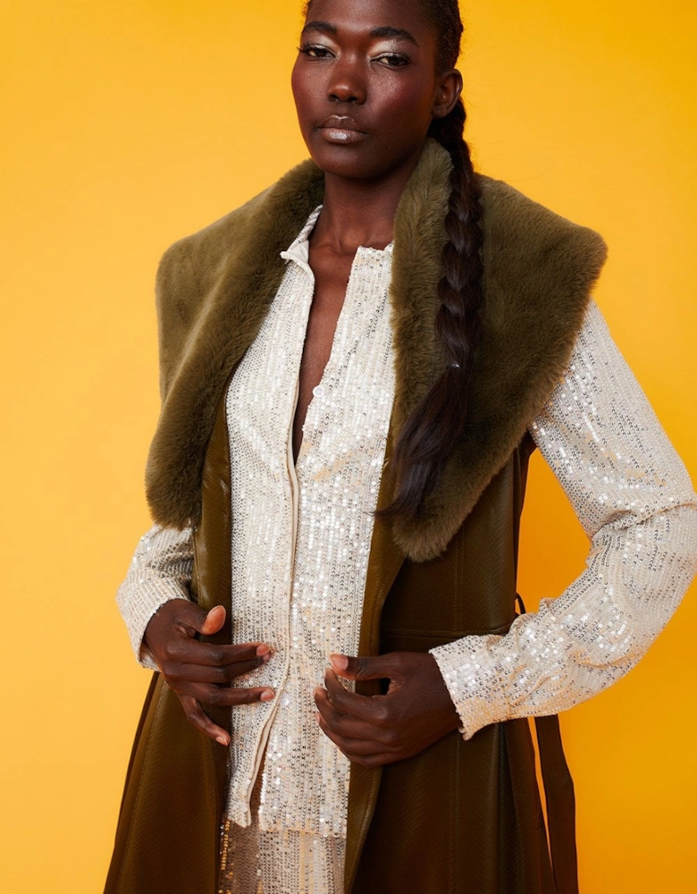 Banana Peel Midi Gilet Faux Fur Collar